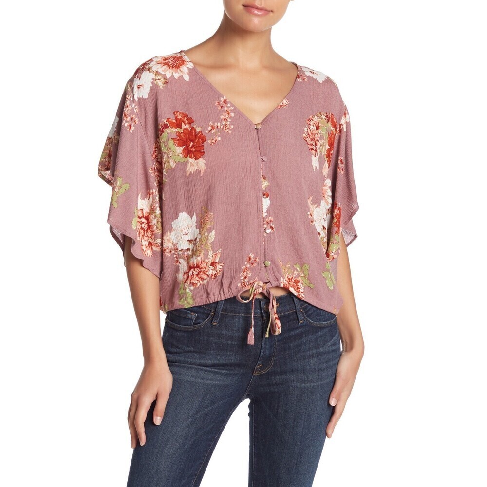 Abound Womens Tie Front Short Sleeve Blouse Floral Print V Neck Button size XS